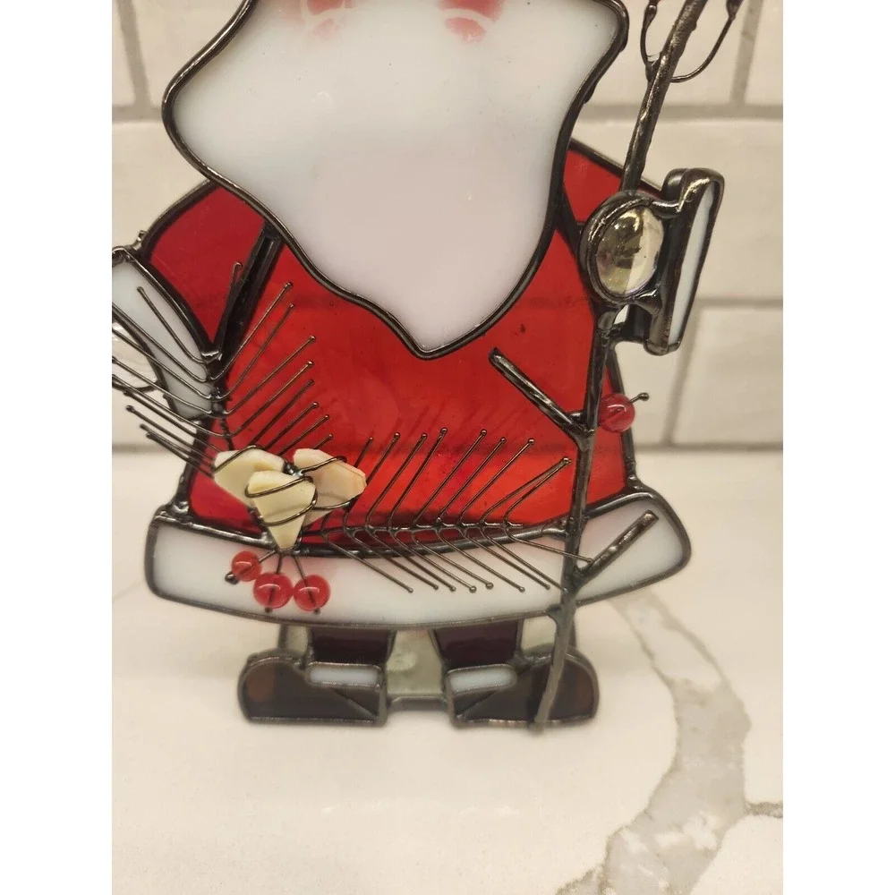Santa Claus With Twig Berries Stained Glass Tealight Or Votive Candle Holder‎